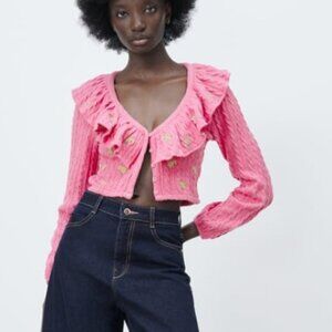 ZARA Ruffled Floral Cable Knit Cardigan